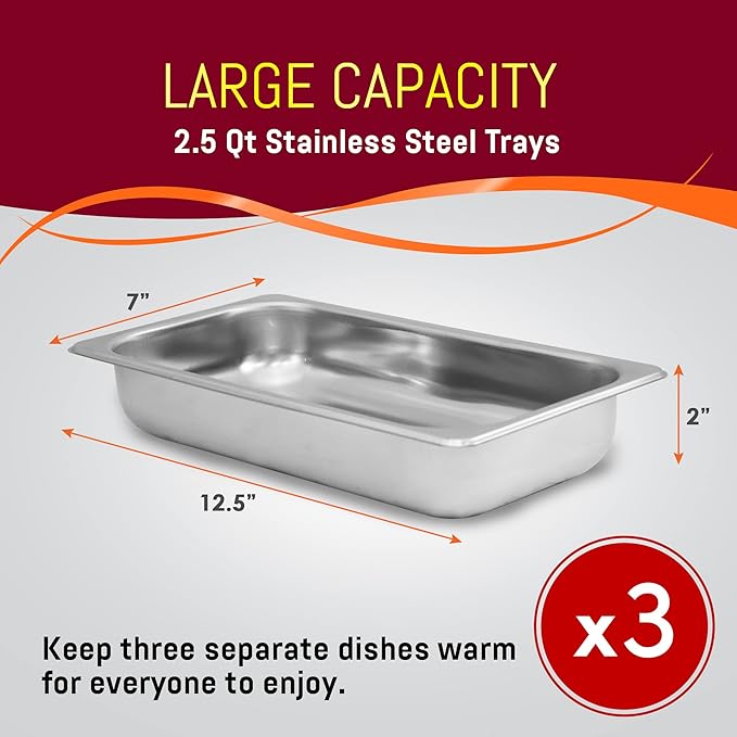Elite Gourmet EWM-6171# Triple 3 x 2.5 Qt. Trays, Buffet Server, Food Warmer Temperature Control, Clear Slotted Lids, Perfect for Parties, Entertaining & Holidays, 7.5 Qt Total, Stainless Steel