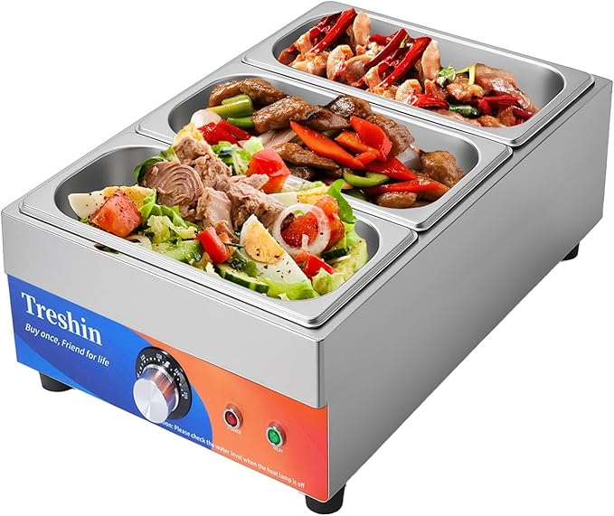 Treshin 3 Pan Commercial Food Warmer, Stainless Steel Bain Marie Food Warmers Steam Table 15 Qt 1200W with Temperature Control & Lid for Home, Catering, Restaurants