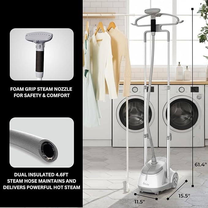 SALAV® Professional Standing Garment Steamer with Retractable Power Cord, Foot Pedal Control, Wheels for Easier Movement (Silver)