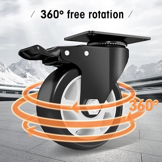 Casters, 4" Caster Wheels，Casters Set of 8 Heavy Duty - ASRINIEY Black Polyurethane Castors, Top Plate Swivel Wheels, 8-Pack Industrial Casters with Brake, Locking Casters for Furniture and Workbench