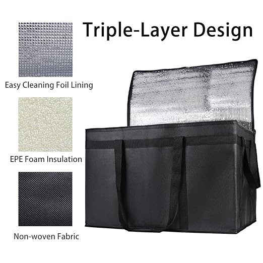 2PK Insulated Food Delivery Bag with Reinforced Hard Bottom - XXXL Thermal Catering Tote for Hot Pizza, Cold Drinks & Meal Boxes - Ideal for Delivery Staff, Restaurants, and Outdoor Events