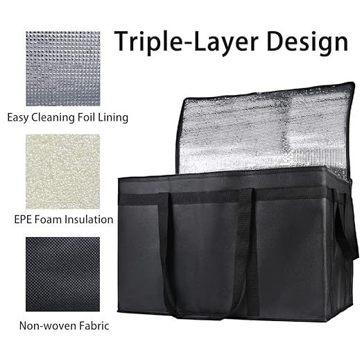 Bodaon 4-Pack Insulated Food Delivery Bag, XXX-Large Meal Grocery Tote Insulation Bag for Hot and cold Food, Commercial, Large Capacity Reusable Warming Bag, Black