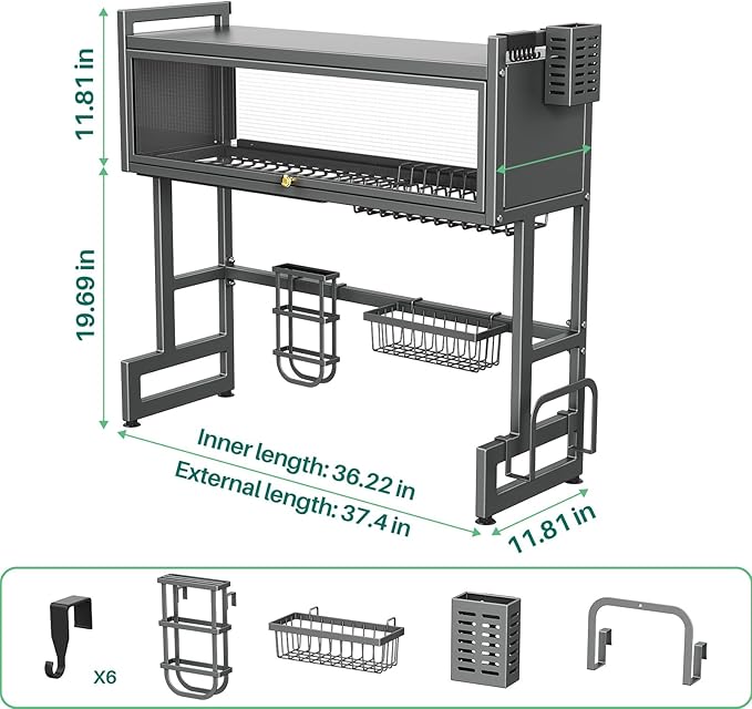 Over The Sink Dish Drying Rack with Cover, Over The Sink Dish Drainer Drying Rack 3 Tier Dish Rack, Keep Kitchen Sink Shlef Organized Space-Saving for Dishes and Cutlery (Matte Gray, 37.4" Length)