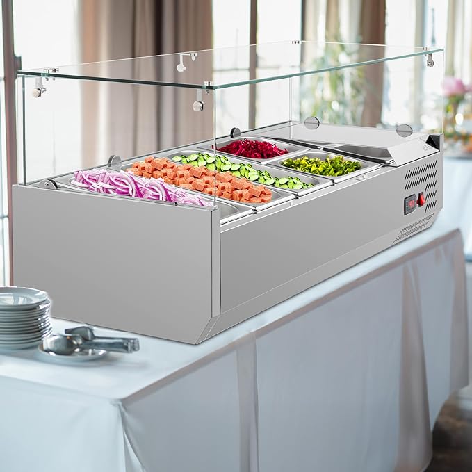 ROVSUN 47" Refrigerated Condiment Prep Station Sandwich Prep Table ETL NSF, 25.1QT Salad Bar Prep Rail w/Auto Defrost Temp Control Glass Shield 3 1/3 Pan & 2 1/4 Pan for Restaurant Food Truck