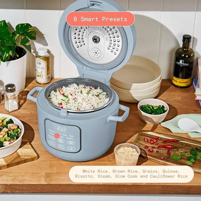 Beautiful 14-Cup Electric Rice & Grain Cooker, Ceramic Nonstick, 8 Presets, Slow Cook, Steamer Tray (Cornflower Blue)