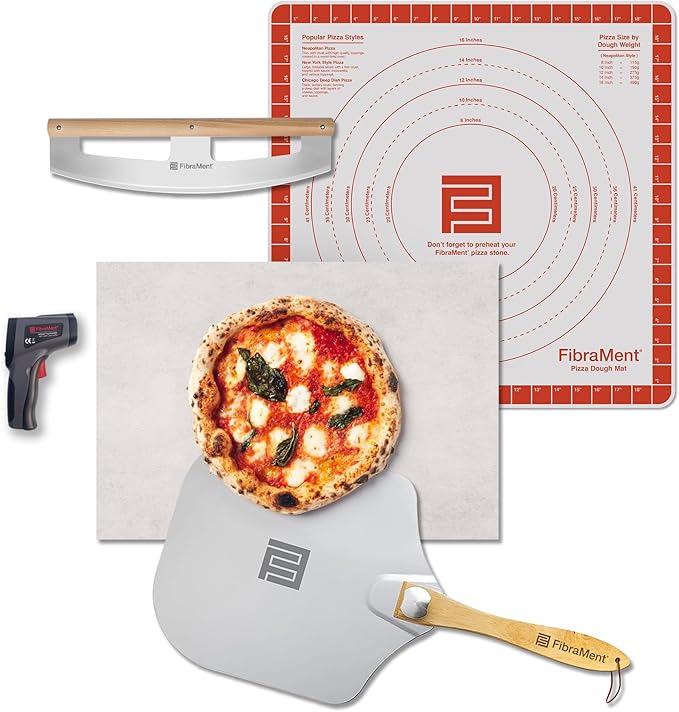 FibraMent-D Premium 5-Piece Ultimate Pizza Set Perfect for Home Ovens - 20" x 15" x 3/4" Rectangle Pizza Stone, Peel & Rocker Pizza Cutter, Thermometer Pizza Stone Ranked 'BEST OVERALL PIZZA STONE'