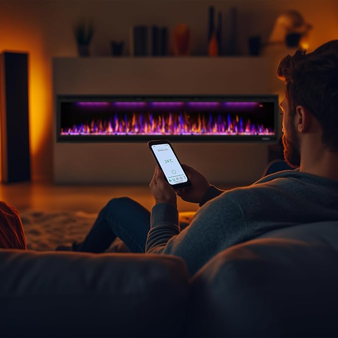 74 inch Electric Fireplace, Smart Fireplace Insert recessed in Wall and Wall Mounted fire Place Heater with Metal Frame, Multicolor Flame & Realistic logs，Thermostat& Timer, 1500W, Black