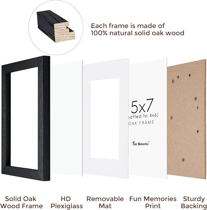 Fun Memories 5x7 Picture Frame, Solid Oak Wood 5 x 7 Frame with Plexiglass, 5 by 7 Photo Frame for Wall & Tabletop Display, 5x7 Picture Frame Matted to 4x6, Black Color, 3 Pack