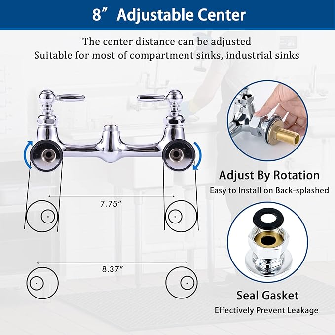 Commercial Sink Faucet with Sprayer, 8 Inch Center Wall Mount Kitchen Faucet with 12” Swing Spout 36” Height Compartment Sink for Restaurant Industrial, Chrome Polished