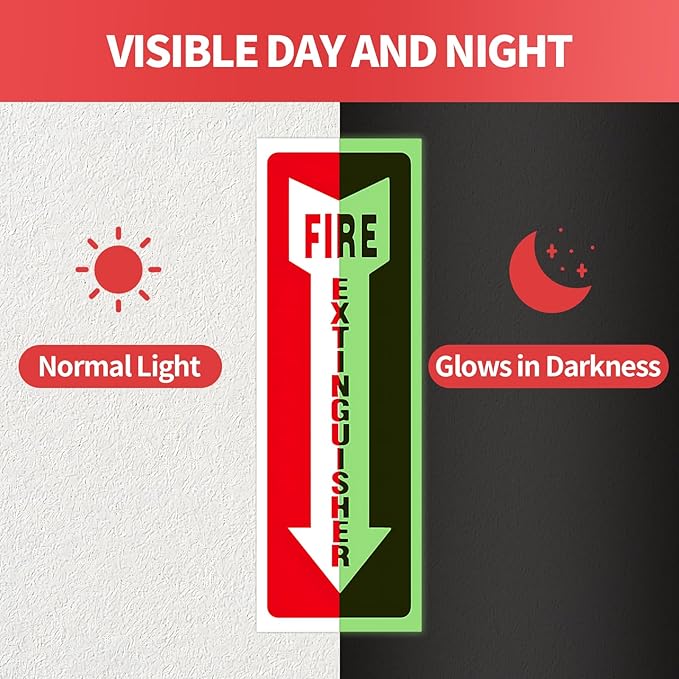 8 PCS Fire Extinguisher Signs,Glow in the Dark fire extinguisher sticker, 4"x12" Photoluminescent PVC Vinyl, High Adhesion UV Waterproof Label for Indoor Outdoor, Office, School, Hospital Use