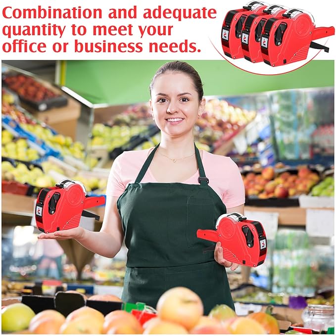 3 Pack 8 Digits Price Tag Gun Label Pricing Gun Kit with 12000 Labels & 9 Ink Rollers for Retailer Supermarket Grocery Store Food(Red)