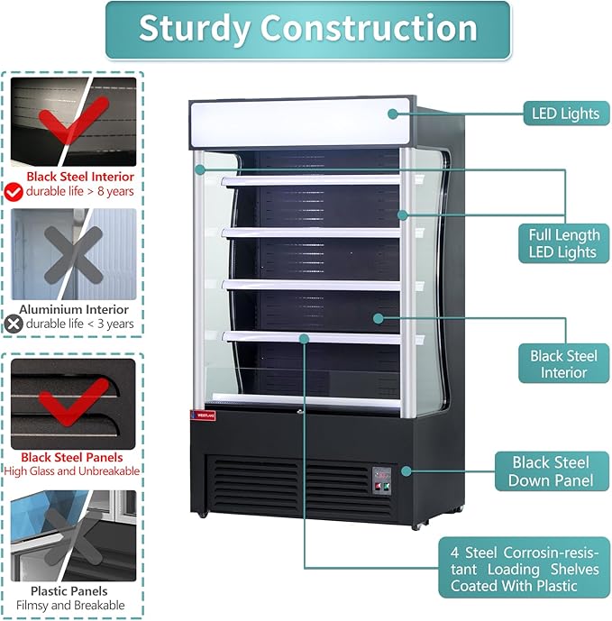 WESTLAKE Open Air Merchandiser Commercial Refrigerator with Night Curtain 34 Cu.ft 45.7” W 32.5" D Upright Fan Cooling Display Cooler for Stores, Supermarkets, Bar, Shops, etc