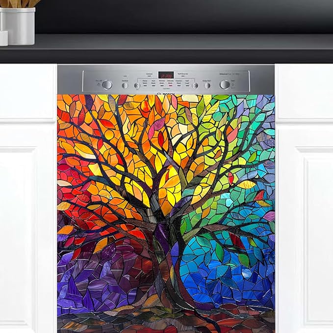 Tree of Life Spring Dishwasher Magnet Cover Tree of Life Rainbow Glass Dishwasher Decorative Cover Front Dishwasher Door Cover Reuseable Dishwasher Cover for Kitchen Home Appliances 23" X 26"