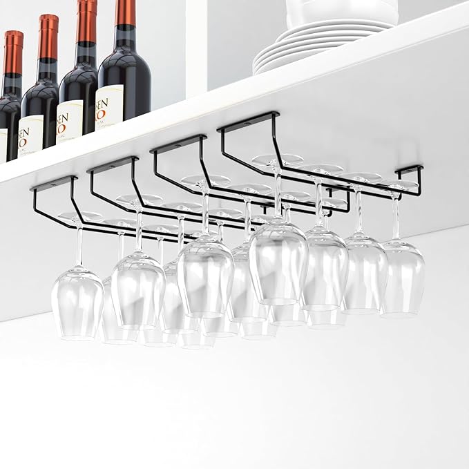 14-Inch Under Cabinet Wine Glass Holder - Metal Stemware Rack, Single Rail Hanging Rack for Kitchen Bar - Set of 4