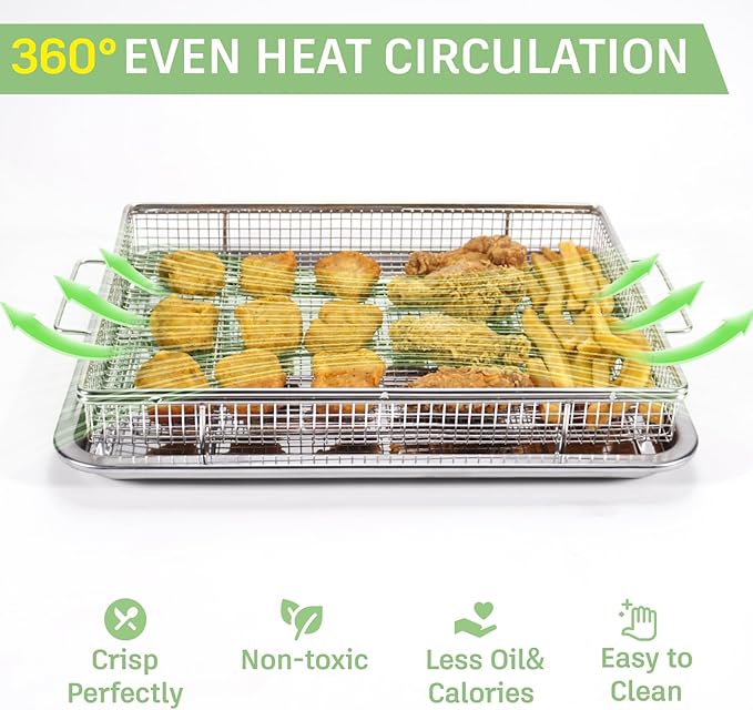 Extra Thick Air Fryer Basket for Full Size Oven,2 PCS-Set,Air Fry Basket & Crisper Tray Pan,Easy Cleaning and Crispy Results,Stainless Steel Air Fryer Accessories,with one Removable Handle,15''×11''
