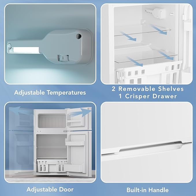 Mini Fridge with Freezer, 3.2 Cu.Ft Compact Refrigerator with 2 Doors, Small Fridge with Adjustable Thermostat & Removable Glass Shelves for Bedroom, Office, Dorm, or Apartment, White