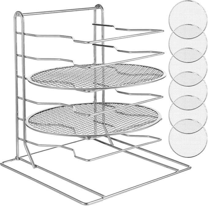 OMISTAR 6 Tier Pizza Rack With 6 Perforated 12 Inch Perforated Pizza Pans with Holes, 13.3' H x 12'' L x 12'' W Pizza Pan Rack Holder for Buffet Table, Easy Storage Multiple Pizzas (6 Tier)