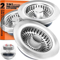 Kitchen Sink Drain Strainer & Sink Stopper, Upgraded 3 in 1 Stainless Steel Drain Plug Combo with Anti-Clog Basket, Pop Up Drain Cover for Standard 3-1/2'', Fits Double Bowl Kitchen Sinks