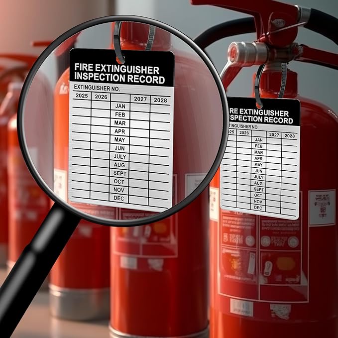 50 Set Aluminum Fire Extinguisher Tags 2025-2028 Metal Inspection Tags - 2.3 x 3 Inch, Indoor/Outdoor Monthly Inspection (50)