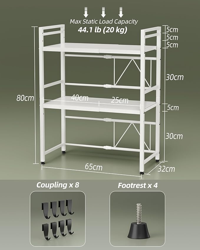NETEL Expandable Microwave Stand,3 Tier Metal Kitchen Countertop Organizer Shelves with 8 Hooks,Bakers Rack,Microwave Shelf,Microwave Oven Rack,55lbs Weight Capacity