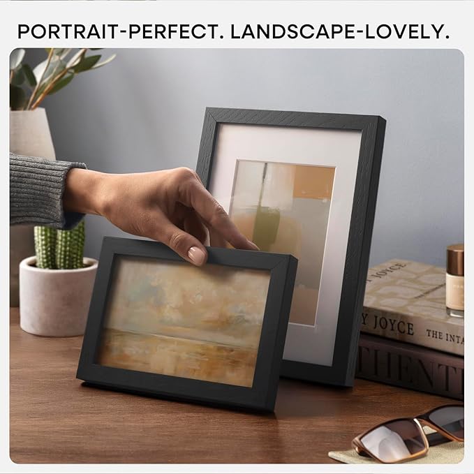 Homeforia 8.5x11 Picture Frame Black Wood, High End Oak 8.5 x 11 Frames with Mat 6 by 8 Print, 8.5by11 Wooden Frame Matted to 6x8 inch Photo, Wall or Tabletop Frame, Tempered Glass, Wall Kit, Set of 1
