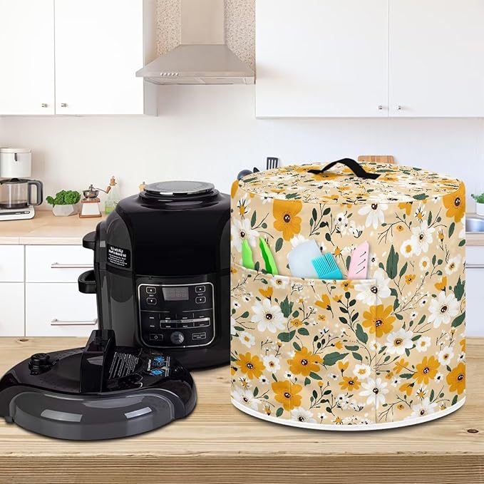 Kitchen Appliance Dust Cover for 3 Quart Pressure Cooker/Air Fryer/Rice Cooker Dust & Stains Protection Cover with Top Handle and Storage Pocket Yellow White Daisy Flowers