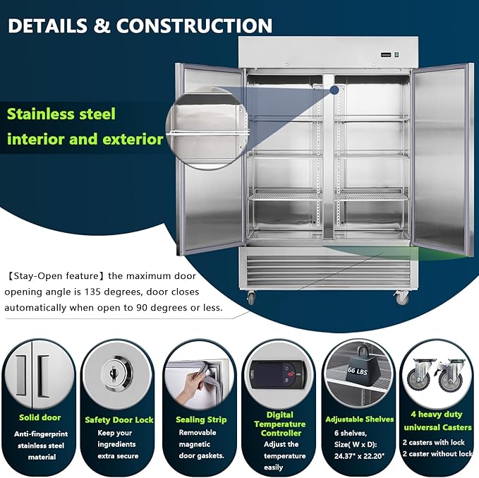 54”W Commercial Freezer Reach-in 42.2 Cu.Ft 2 Solid Door, Stainless Steel Interior and Exterior Construction, Commercial Freezer Upright Fan Cooling Freezer for Restuarant, Bar, Shop and etc