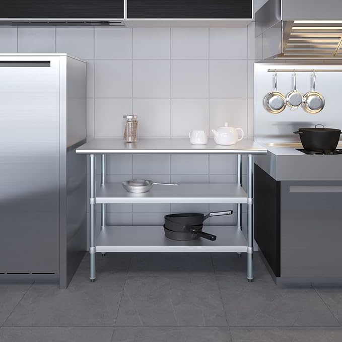 AmGood Stainless Steel Work Table with 2 Shelves | NSF | Metal Utility Table (48" Long x 24" Deep)