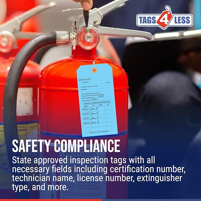 Tags 4 Less Custom Fire Extinguisher Tags – Preventative Maintenance Labels for Monthly Inspections, Alternative to Safety Sticker for Easy Record-Keeping – Pack of 100 (Light Blue, Cardboard)