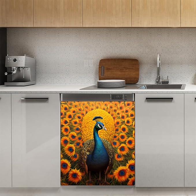 Peacock Sunflower Bright Dishwasher Magnet Cover, Reusable Refrigerator Panel Stickers Microwave Front Door Covers Magnets for Kitchen Home Appliances Holiday Party Decorations 23 X 26 in