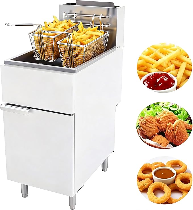 Commercial Deep Fryer, Stainless Steel Gas Floor Fryer for Restaurants, 4-Burner Fryer with 2 Baskets and Adjustable Temperature, Liquid Propane Powered, 50 LBS Capacity, 400°F, 120000 BTU