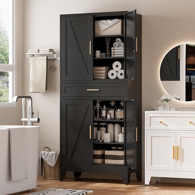 Metal Storage Cabinet with Drawer, 71" Tall Storage Cabinets with Adjustable Shelves,Black Farmhouse Freestanding Kitchen Pantry Cabinet for Dining Room, Living Room