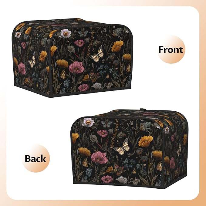 4 Slice Toaster Cover for Kitchen Flower Vintage Butterfly Botanical Waterproof Dustproof Toaster Dust Cover with Side Pockets Decorative Universal Cover for Wide Slot Toasters Small Appliances