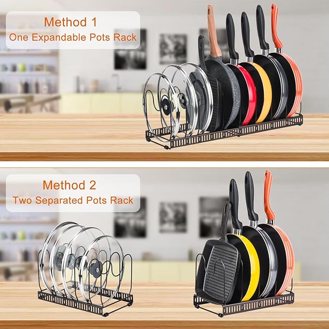 Toplife Pots and Pans Organizer Rack for Cabinet and Countertop, 10+ Pot Lids, Bakeware and Cookware Organizer Rack Holder with 10 Adjustable Compartments - Brown