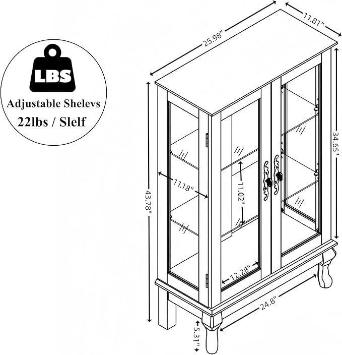 43" H Lighted Curio Cabinet Display Case, Glass Curio Cabinet with Adjustable Shelves & Tempered Glass Door, Wooden Cabinets with Mirrored Back Pane for Living Room (Antique White)