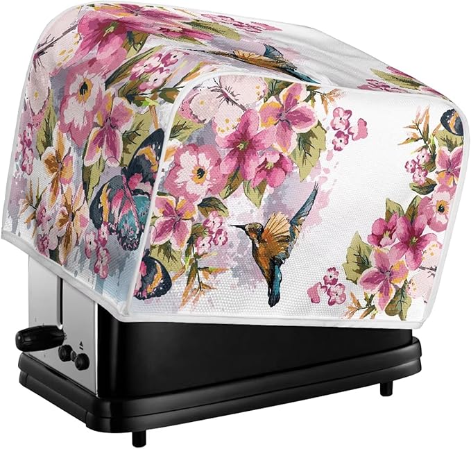 Hummingbird Flower Print Toaster 4 Slice Cover Stain Resistant Bread Maker Cover Dust Fingerprint Protection Kitchen Home Decor