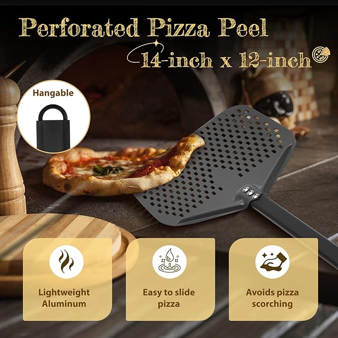 4 Piece Pizza Oven Kit (Extended Edition) Pizza Turning Peel 9 Inch Perforated Pizza Peel 12 Inch 40 Inch Aluminum Handle Pizza Oven Brush and Ash Rake Pizza Peel Set Pizza Oven Tools Kit