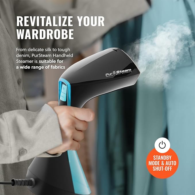 PurSteam Handheld Garment Steamer for Clothes – Powerful Wrinkle Remover with 3 Steam Settings, Large Removable Water Tank, and Fast Heat-Up – Portable Fabric Steamer for Home & Travel