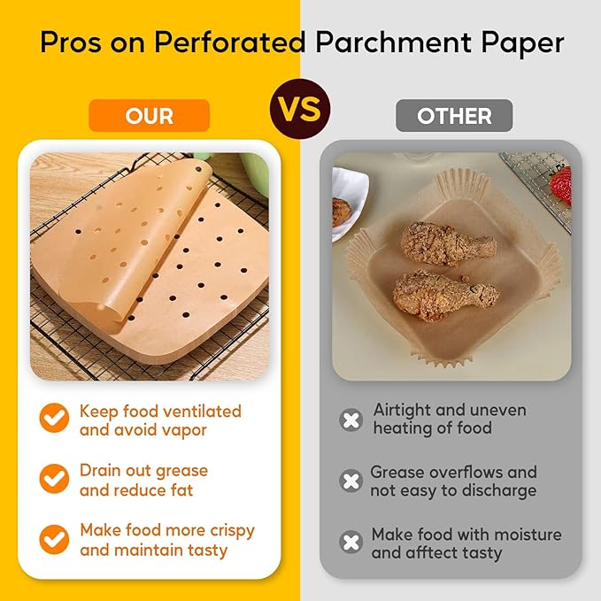 Katbite 200Pcs 8.5 inch Air Fryer Parchment Paper Liners, Unbleached Air Fryer Paper Liners Disposable，Non-Stick & Heavy Duty Square Perforated Parchment Paper for Steamer, Oven, Air Fryer