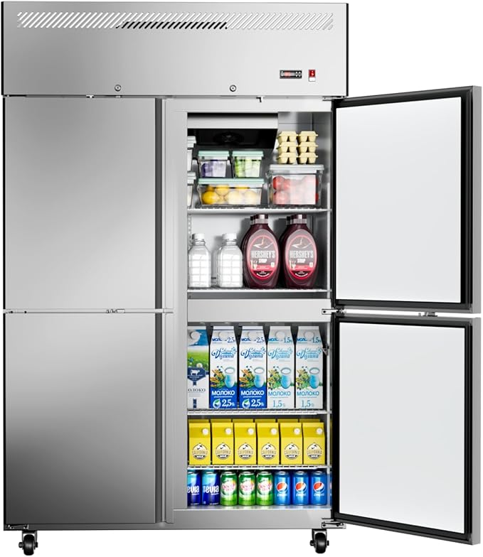 Commercial Refrigerator 48"W 4 Door Stainless Steel Reach-in Solid Door Upright Fridge Fan Cooling 36 Cu.ft Refrigerators 32-47°F for Restaurant, Bar, Shop