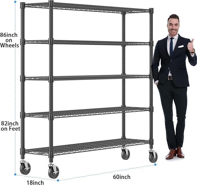 Homdox Heavy Duty Metal Shelves for Storage, 5 Tier Storage Racks and Shelving, Commercial Adjustable Wire Shelving Unit on Wheels, Garage Rack Pantry Shelves Kitchen Shelving, 18"x60"x82", Black