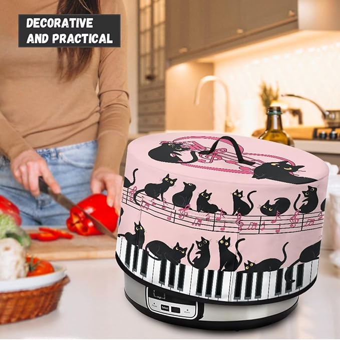 Black Cat Piano Music Note Print Slow Cooker Dust Cover Compatible with 6/7/8 Quart Slow Cooker Dust-Resistant Electric Pressure Cooker Cover Washable Easy to Clean, 16 x 14 x 9.6 inch