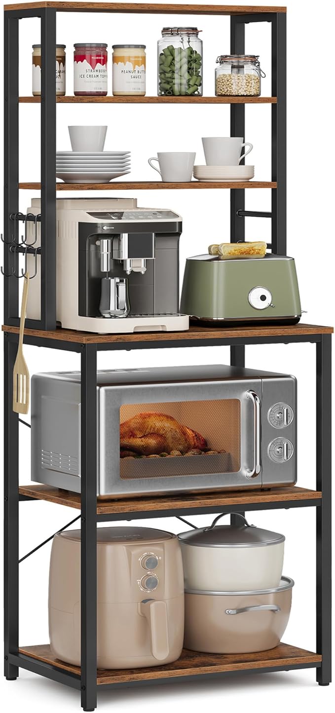 VASAGLE Coffee Bar, 23.6 Inches Baker's Rack for Kitchen with Storage, 6-Tier Kitchen Shelves with 6 Hooks, Microwave Stand, Industrial, Rustic Brown and Ink Black UKKS024B01