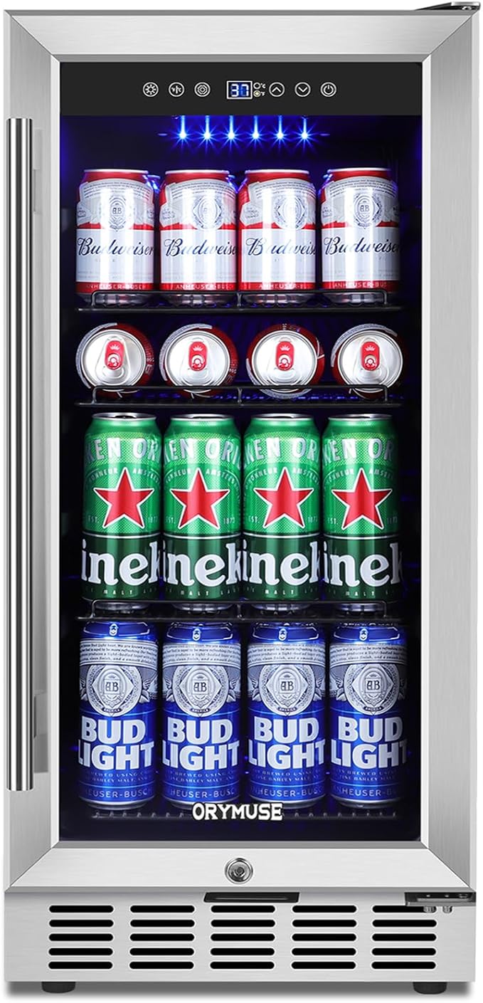 15 Inch Beverage Refrigerator, 130 Can Capacity Under Counter Fridge with Lock & Glass Door, Quiet Built-in or Freestanding Beer Cooler, Powerful Compressor for Fast Cooling
