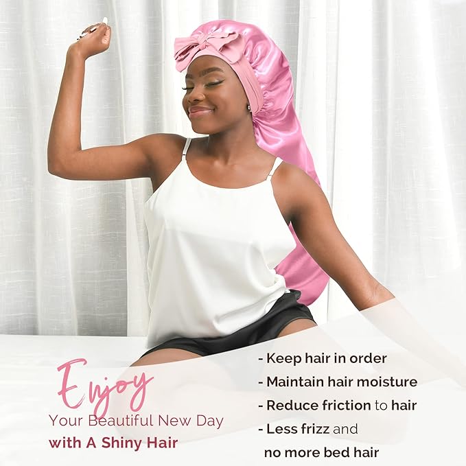 YANIBEST Long Bonnet Satin Bonnet for Sleeping Braid Bonnet with Tie Band Silk Sleep Bonnet for Women Locs Pink