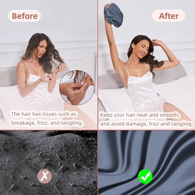Adjustable Silk Satin Hair Bonnet for Sleeping Women, Double Layer, Silk Hair Wrap for Sleeping Women Men, Curly Natural Braid Straight Unisex - Slate Grey