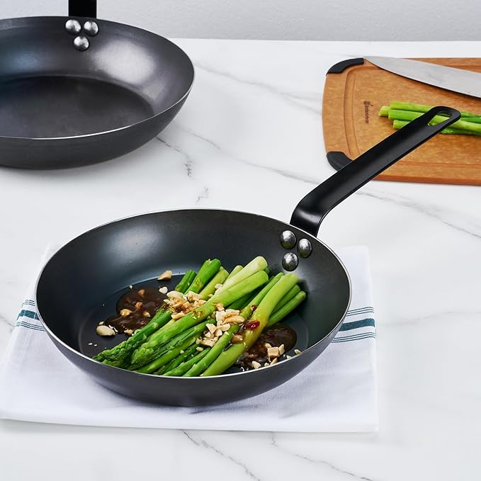 Restaurantware-Met Lux 9.5 Inch Fry Pans, 6 Lightweight Frying Pans - Induction-Ready, Triple-Riveted, Black Carbon Steel Cooking Skillets, Durable, For Searing, Sauteing, And Browning Food