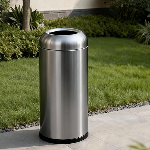 WICHEMI 16 Gallon Commercial Large Trash Can, Bullet Outdoor Trash Bin with Open Top Lid, Brushed Stainless Steel Garbage Can, Dark Silver