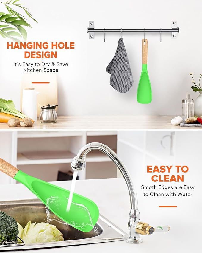 Cooking Spoon for Nonstick Cookwares, Great for Cooking and Serving Sturdy BPA-Free Matte Silicone, Wood Handle Spoon for Mixing, Scoop, and Scrape (APPLE GREEN, 11.4 inch)