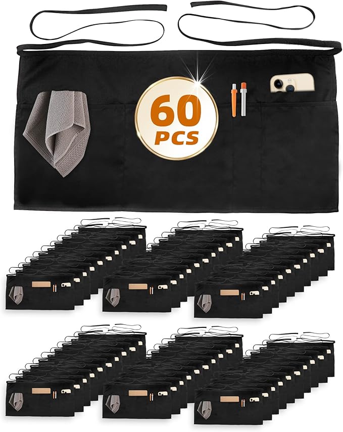 Argstar 2 Pack Server Apron with 4 Pockets, Waitress Waiter Waist Short Aprons(Available in 60/120 Pack)